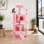 Sweetcrispy 54 Inch Cat Tree Tower, Multi-Level with Cat Scratching Post, Indoor Cat Condo with Climbing Ladder, Plush Toy, Play House for Cat, Pink