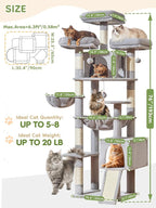 Taoqimiao 76-Inch Cat Tree with Scratching Posts,XXL Cat Tower for Large Cats with Cat Scratching Board,Extra-Large Metal Hammock,3 Perches, 2 Big Condos, Hanging Basket,MS047W,Light Gray