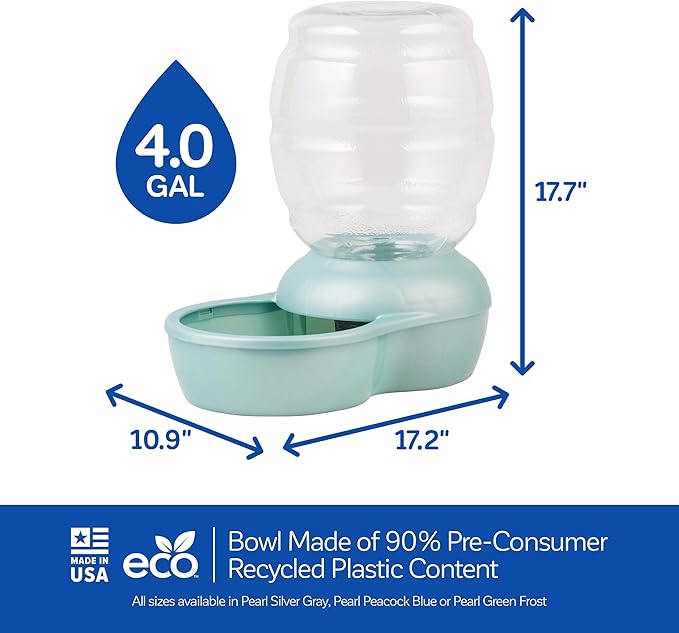 Petmate Replendish Automatic Gravity Waterer for Cats and Dogs, BPA-Free, No Batteries Required, Includes Charcoal Filter, 4 Gallons,Green, Made in USA