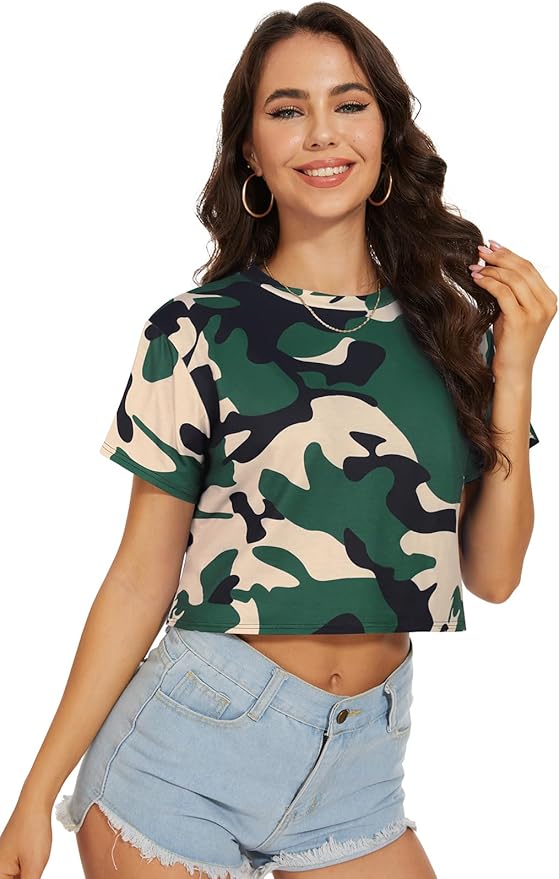Womens Summer Crop Tops Short Sleeve Round Neck T-Shirts Loose Fit Casual Blouse