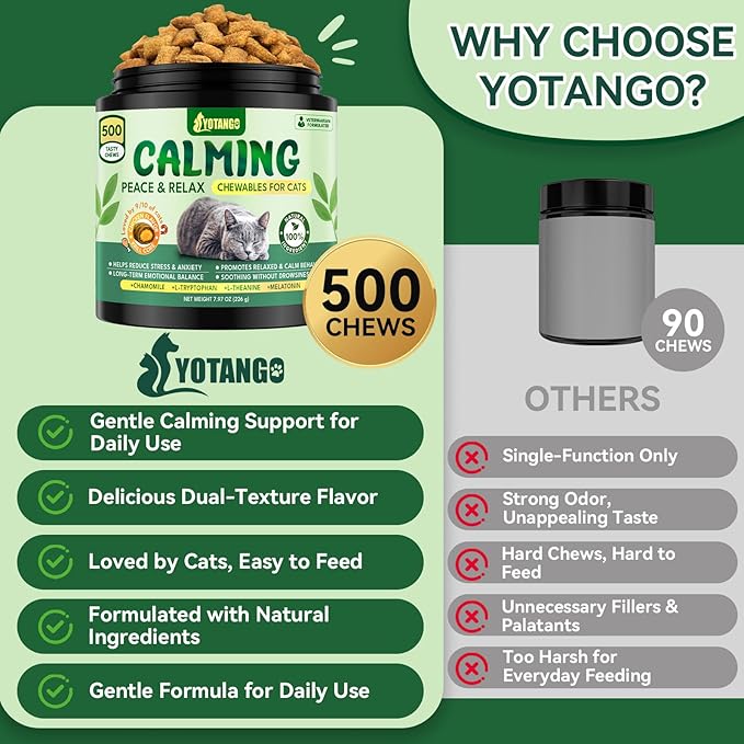 YOTANGO Cat Calming Treats – 500 Crunchy Calming Chews for Cats Kittens, Anxiety Relief & Stress Reduction for Travel, Thunder, Vet Visits, with Chamomile, L-Theanine & L-Tryptophan (Chicken Flavor)