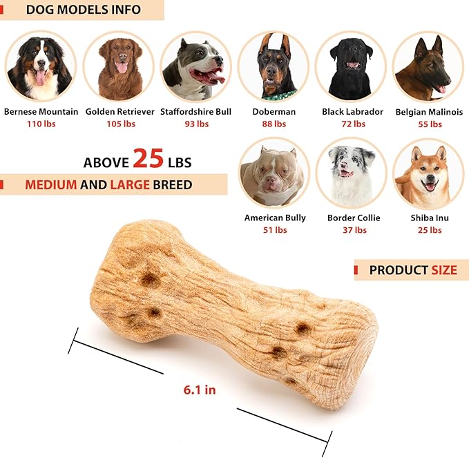 Willjoy 3-Pack Dog Chew Toys for Aggressive Chewers, Pine Wood & Tough Nylon, Bone Shaped Indestructible Dog Toy, Natural Looking Grooves & Textured, Bacon Flavor Large Dog Toys to Keep Them Busy