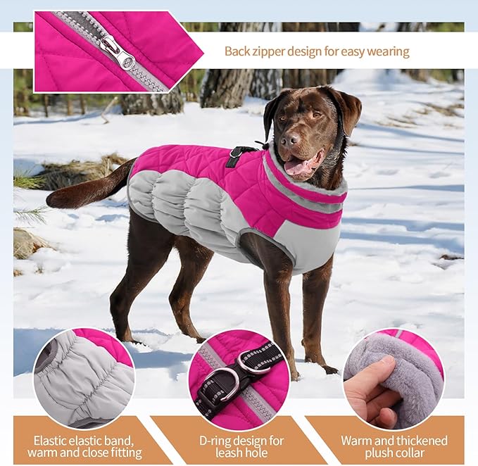 Large Dog Coat, XXLarge Dog Winter Coat, Waterproof Pet Jacket with Back Zipper,Extra Large Pet Coats, Warm Fleece Jacket with D-Ring, Windproof Winter Clothes Golden Retriever,Rose Red,XXL
