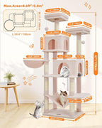Taoqimiao Cat Tree, 66.2-Inch Cat Tower for Indoor Cats, Plush Multi-Level Cat Condo with 12 Scratching Posts, 2 Perches, 2 Caves, Hammock, 2 Pompoms, Jelly Pink MS013P