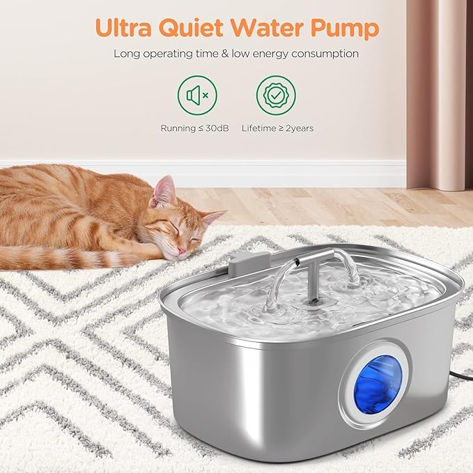 Cat Water Fountain Stainless Steel: 108oz/3.2L Cat Fountain for Drinking with Filter - Pet Water Fountains for Cats Inside - Automatic Cat Feeding & Watering Supplies - Water Level Window