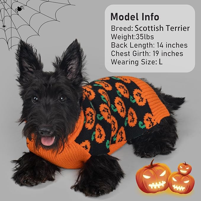 KYEESE Halloween Dog Sweater with Leash Hole Cute Pumpkin Design Winter Warm Turtleneck Cozy and Comfortable Orange Knitwear for Small Dogs Boy Fall Holiday Apparel Halloween Doggy Sweater, Large