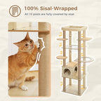 PEQULTI 71'' Cat Tree, Tall Wood Cat Tower for Indoor Cats with 2 Acrylic Cat Hammock, Multi-Level Activity Trees with Scratching Posts, Condo House and Large Top Perch for Large Cats, Beige