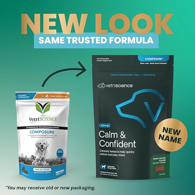 VETRISCIENCE Calm & Confident Chews, Composure Clinically Tested Calming and Anxiety Supplement for Dogs, Reduce Stress and Fear, for Thunderstorms, Fireworks and Travel, Peanut Butter, 120 Count