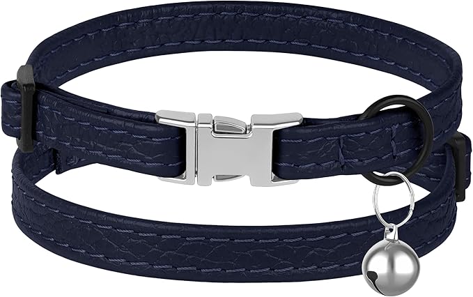 Leather Cat Collar with Buckle and Removable Bell - Non Breakaway Adjustable Soft Safety Small Pet Collars for Girl Boy Cats Kitten (Navy Blue)