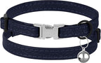 Leather Cat Collar with Buckle and Removable Bell - Non Breakaway Adjustable Soft Safety Small Pet Collars for Girl Boy Cats Kitten (Navy Blue)