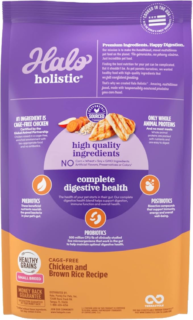 Halo Holistic Small Breed Dog Food, Cage Free Chicken & Brown Rice Recipe, Healthy Grains Dry Dog Food, Complete Digestive Health, 10 lb Bag