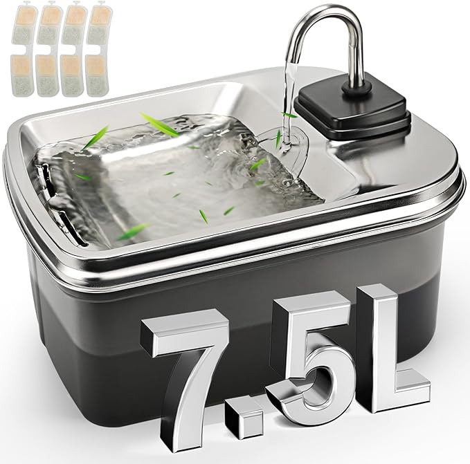 7.5L/254oz Dog Water Fountain with 4 Filters, Stainless Steel Pet Water Dispenser for Large Dogs, Large Automatic Dog Water Drinking Fountain Dog Water Bowl Dispenser, Easy to Clean, Quiet Pump