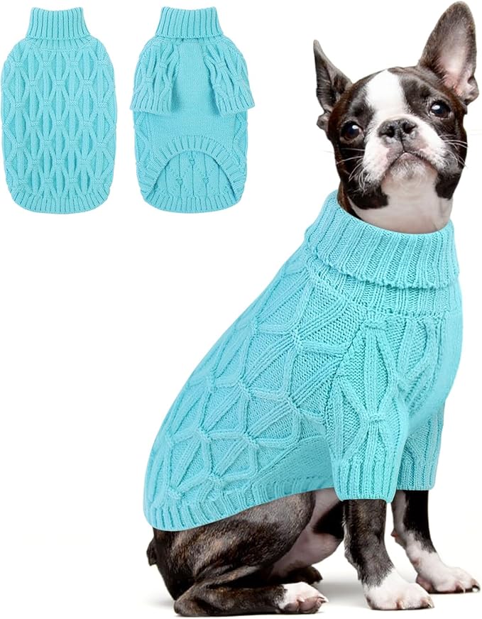 Queenmore Large Dog Sweater,Dog Sweaters for Large Dogs Male Female,Thanksgiving Fall Knit Sweater for Dogs,Turtleneck Thick DogSweaters,Knitwear Pet Clothes for Corgi,French Bulldog(Lake Blue,L)