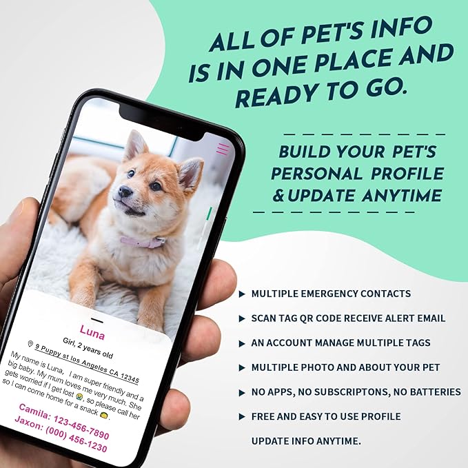 MYLUCKYTAG QR Code Silicone Dog Cat Tag - Online Pet Profile, Location Alert Email, Digital Pet ID, Quiet, Durable