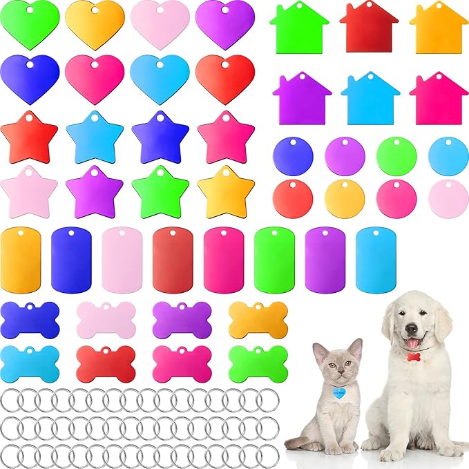 Frienda 48 Pcs Blank Pet ID Tag Colorful Aluminum Dog Cat Badge Blank Round Heart Star Bone House Rectangle Tags with Ring Pet ID Badge Pendant with Hole for Dog Cat Name Phone Number, 6 Styles