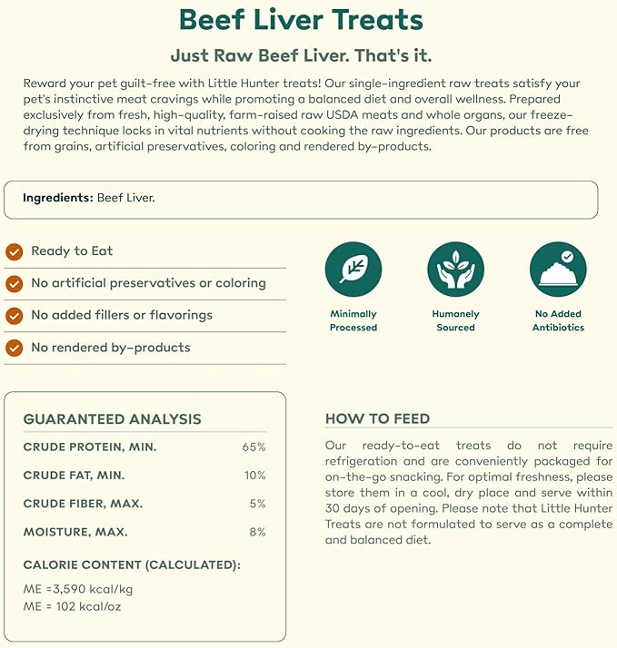 Little Hunter Freeze Dried Dog Treats - Beef Liver - Raw Single Ingredient Beef Liver Dog Treats for Snacks, Training, Dog Food Toppers - All Natural, Healthy Dog & Puppy Treats, 2 oz