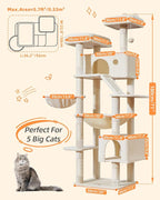 Taoqimiao Cat Tree 71-Inch, Cat Tower for Indoor Cats Large Adult, Multi-Level Large Cat Condo, 8 Sisal Scratching Posts, Metal Frame Cozy Hammock, Scratch Board, 2 Top Perches, Beige MS026LM