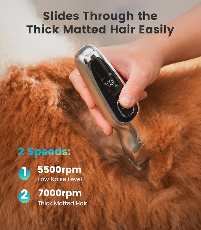 oneisall Dog Clippers for Grooming Thick Hair, Low Noise Cordless Dog Shavers, 2-Speed Pet Hair Trimmer Grooming Kit for Home Groomer