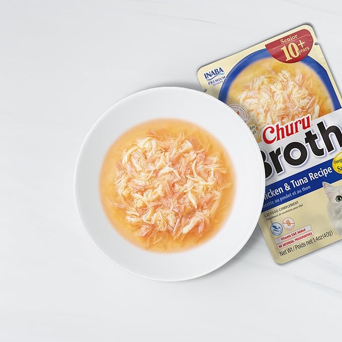 INABA Churu Broth for Cats Senior 10+, Side Dish Pouch, 1.4 Ounces per Pouch, 12 Pouches Total, Chicken & Tuna Recipe