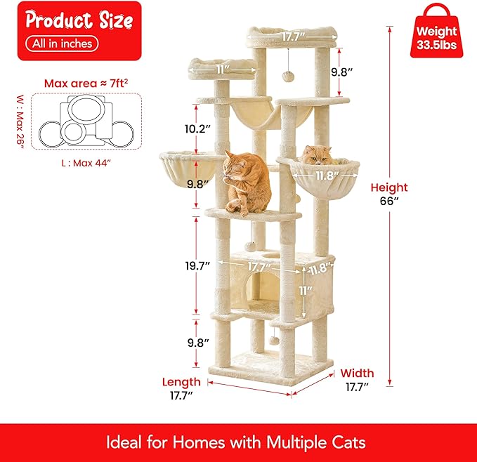 66-Inch Tall Cat Tree for Indoor Cats, Multi-Level Large Cat Tower with 3 Hammocks, 2 Padded Perches, cat Tree Tower with Scratching Post and Hanging Toys for Large Adult, Beige