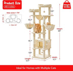 66-Inch Tall Cat Tree for Indoor Cats, Multi-Level Large Cat Tower with 3 Hammocks, 2 Padded Perches, cat Tree Tower with Scratching Post and Hanging Toys for Large Adult, Beige