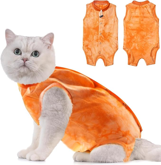 Avont Cat Recovery Suit - Kitten Onesie for Cats After Surgery, Cone of Shame Alternative Surgical Spay Suit for Female Cat, Post-Surgery or Skin Diseases Protection -Tie-dye Orange(L)