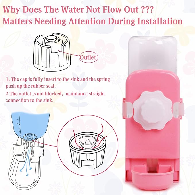 Rabbit Water Bottle Suspension Water Dispenser for Mini Pet Bunny Guinea Pig Chinchilla, 500ml Automatic Water Bottle by Gravity Flow Supply(Pink)