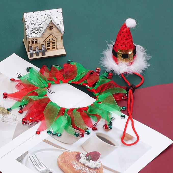 2Pcs Dog Santa Hat and Tutu Collar Set, Pet Cat & Small Dog Christmas Outfit Costume for Xmas Holiday Birthday Party