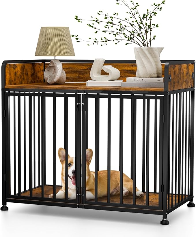 Large Dog Crate Furniture, Dog Kennel Indoor, Heavy Duty Dog Crate for Large Medium Dogs 42 Inch, Wooden Dog Cage Brown End Table with Table Guardrail