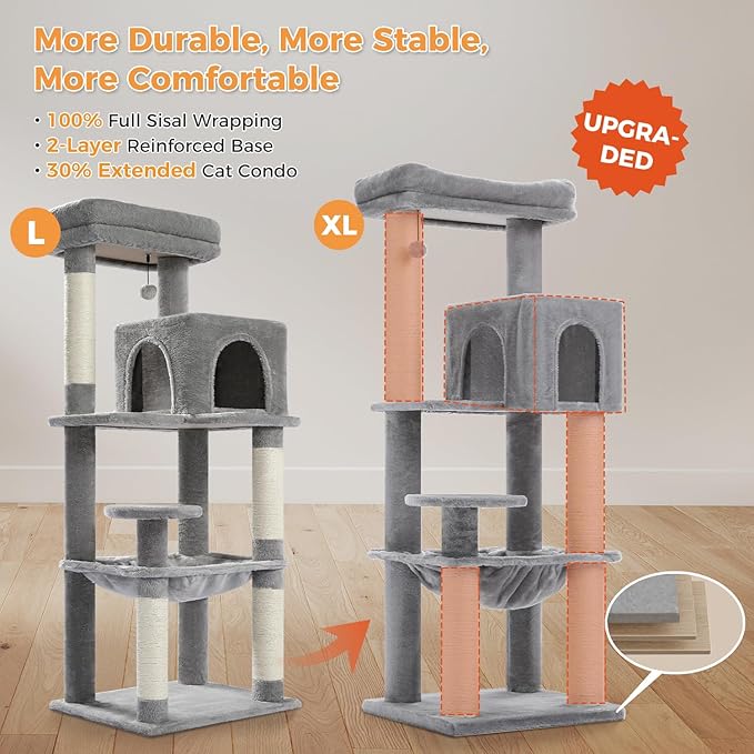 PETEPELA Cat Tree for Large Cats up to 30 lbs, 58" Heavy Duty Cat Tower with Reinforced Scratching Posts[ φ3.1”], Large Hammock, Spacious Condo & Top Perch, Sturdy Cat Furniture for Maine Coons, Grey