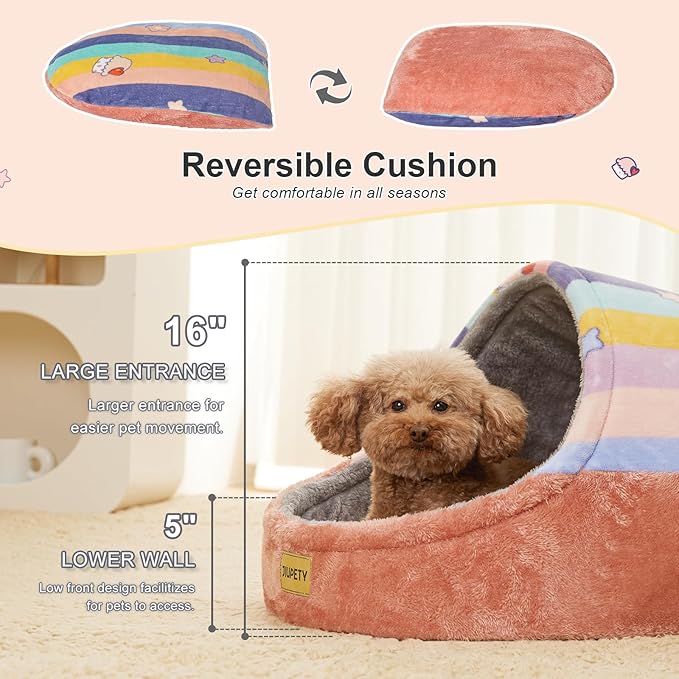 Jiupety Cute Cat Beds for Indoor Cats, Cat Cave Bed and Kitten Bed, Hideway Cat House for Cat & Small Dog with Anti-Slip Bottom, Washable Removable Cushion, L(19"x17"x16"), Rainbow.
