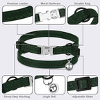 Leather Cat Collar with Buckle and Removable Bell - Non Breakaway Adjustable Soft Safety Small Pet Collars for Girl Boy Cats Kitten (Green)