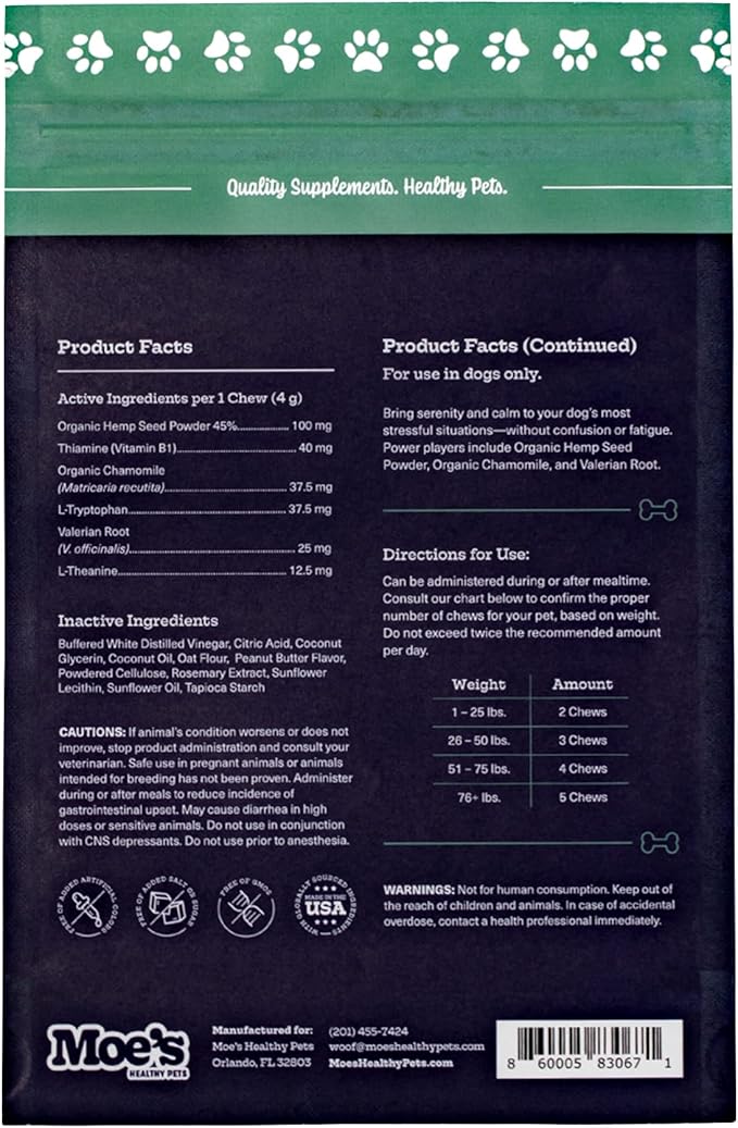 Moe’s Calming Chews for Dogs 90ct – Natural Anxiety Relief with Hemp, Chamomile, and Tryptophan – Calming Dog Treats for Separation, Fireworks, Travel and Storms (Peanut Butter)