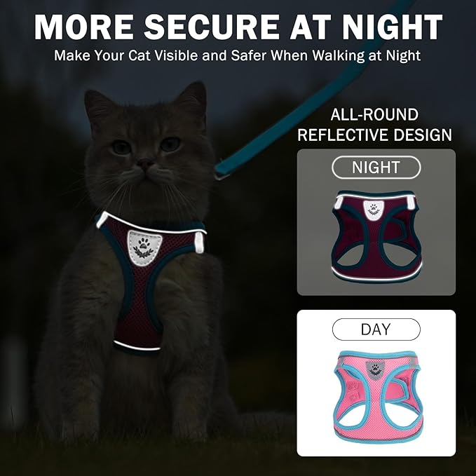 SCENEREAL Cat Harness and Leash Set Escape Proof, Adjustable Soft Air Mesh Kitten Harnesses for Girls Boys Small Medium Big Cats, Reflective Light Travel Pet Walking Vest for Puppy Rabbit, Pink L