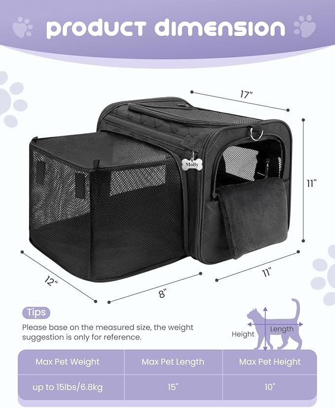 MIDOG Cat Carrier Soft for Small to Medium-Sized Cats,Up to 15 Lbs,TSA Airline Approved Soft Sided Pet Carrier,Collapsible Travel Cat Bag(Black)
