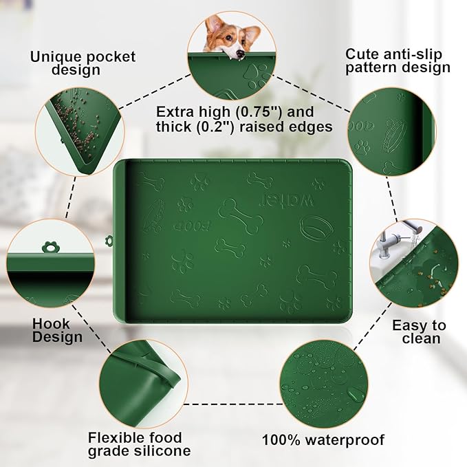 Dog Food Mat - Silicone Dog Mat for Food and Water - 36" x 24" Large Pet Feeding Mats with Residue Collection Pocket - Waterproof Dog Cat Bowl Mat with High Edges to Prevent Water Food Spills (Green)