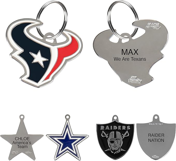 NFL Houston Texans Engraving Pet ID Tags in 32 Team Logo Shapes Personalized Dog Tags and Cat Tags with 3 Lines of Customizable Text for Tracking & Safety. Stainless Steel Pet ID Tracking Tags
