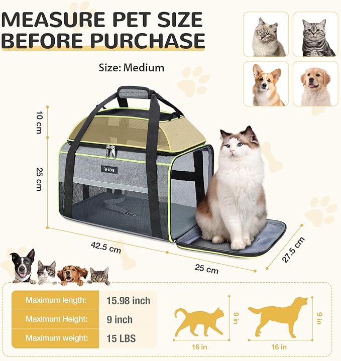 Lekereise Top-Expandable Pet Carrier - TSA Airline Approved Soft Sided Underseat Up to 15lbs Travel Carriers for Small Cats and Dogs with Locking Safety Zippers Anti-Scratch Mesh Gray