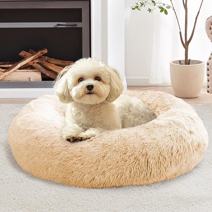 JOLLYVOGUE Calming Dog & Cat Bed for Small Dogs, Anti-Anxiety Donut Cuddler Cozy Soft Round Bed with Anti-Slip Bottom, Fluffy Faux Fur Plush Cushion Beds for Small Medium Dogs (23")