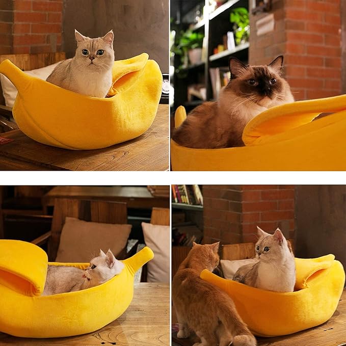 SEIS Winter Cat Banana Bed Dog House Warm Boat Pet Sleep Nest Cotton Cushion Coral Fleece Dog Pad Cat Mat (M)
