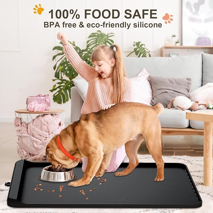 Dog Food Mat - Silicone Dog Mat for Food and Water - 28" x 20" Pet Feeding Mats with Residue Collection Pocket - Waterproof Dog Cat Bowl Mat with High Edges to Prevent Water Food Spills (Black)