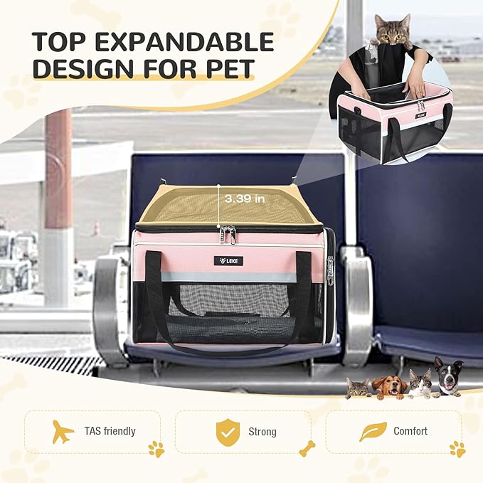 Lekereise Top-Expandable Pet Carrier - TSA Airline Approved Soft Sided Underseat Up to 15lbs Travel Carriers for Small Cats and Dogs with Locking Safety Zippers Anti-Scratch Mesh Pink
