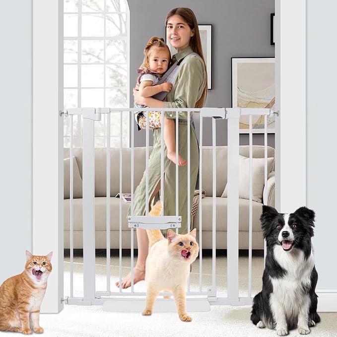 37 Inch Tall Baby Gate with Cat Door, Adjustable 29.55" and -40.55" Wide Auto Close Dog Gate Pressure Mounted Safety Pet Gate for Stairs, Doorway, House