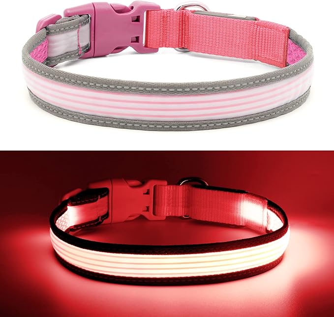 YFbrite Full Adjustbale LED Dog Collar, Full Illuminated Light up Dog Collars, Reflective Dog Collar Light Glowing in The Dark for All Dogs Safety (Small, Pink-2)