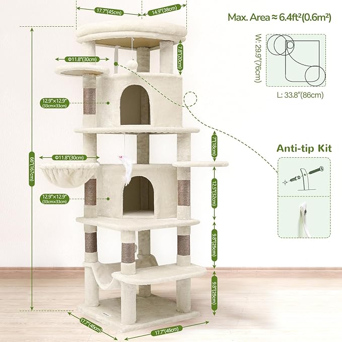 Globlazer Corner Cat Tree Tower for Large Cat, 66inch Tall Large Cat Tree Condo for Multiple Indoor Cats with 6 Scratching Posts, 2 Spacious Cat Condos, Soft Hammock, Hanging Basket, C66, Light Beige