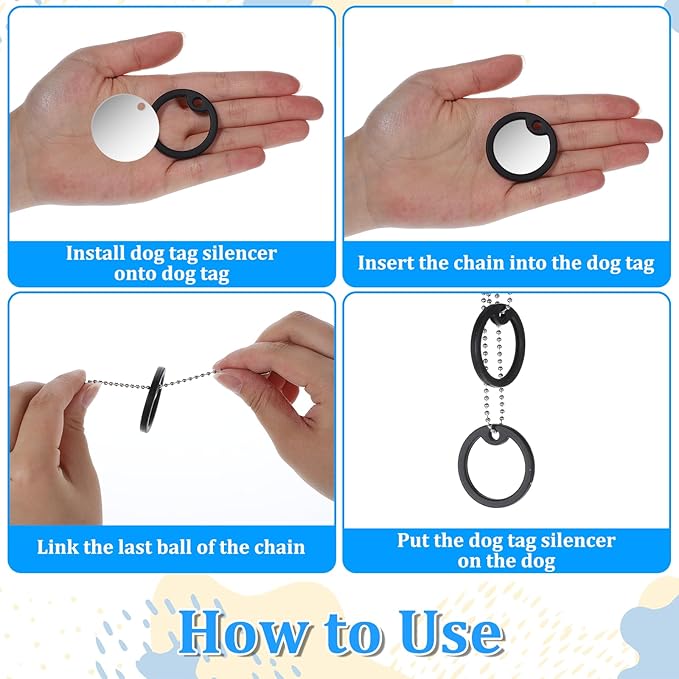 12 Pack Dog Tag Silencers Rubber Dog Tags Cover ID Tags with 4 Stainless Steel Chain Black Army Engraved Dogs Tag Pet ID Protector to Reduce Noise Black