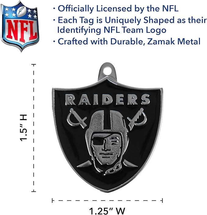 NFL Las Vegas Raiders Engraving Pet ID Tags in 32 Team Logo Shapes Personalized Dog Tags and Cat Tags with 3 Lines of Customizable Text for Tracking & Safety. Stainless Steel Pet ID Tracking Tags