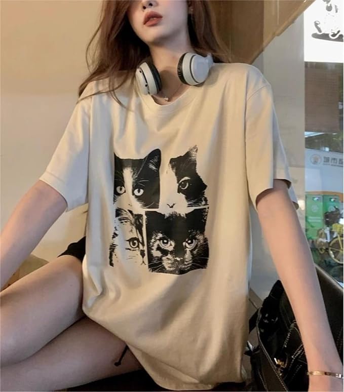 Y2k Oversized Graphic Print Tees Shirts Cat Print Tee Vintage Fruit Baggy Tshirt Coastal Streetwear Cat Print Tee