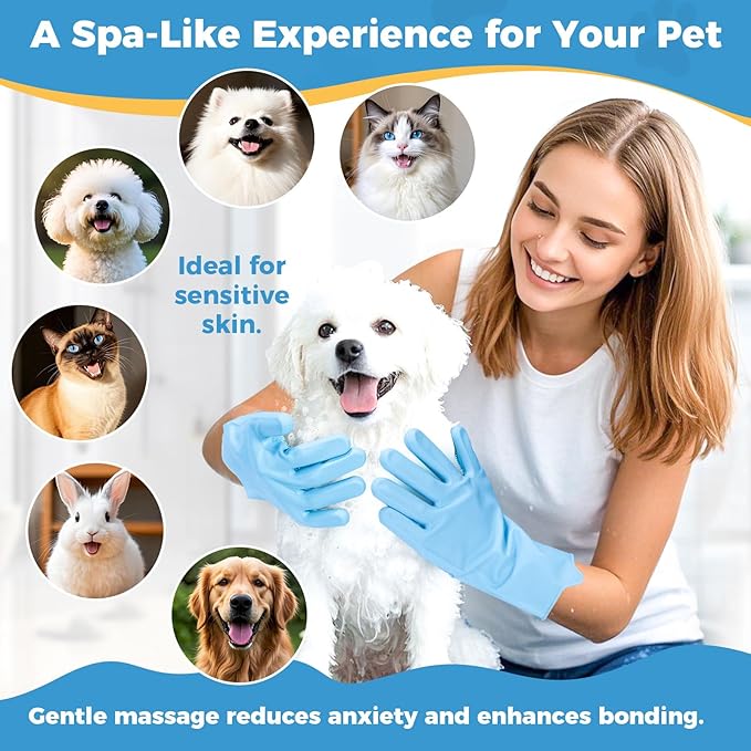 Pet Grooming Gloves, Dog Washing Gloves with Silicone Teeth, Dog Bathing Shampoo Brush, Heat Resistant Five-Finger Design for Bathing, Massaging, Hair Removal, Suitable for Dogs and Cats