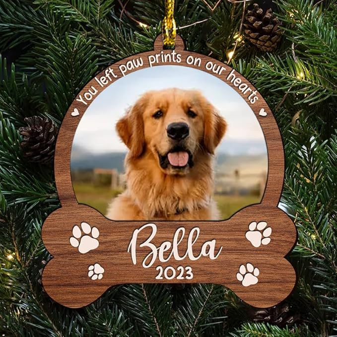 Personalized Memorial Ornament, Custom Photo with Name Year, Pet Sympathy Gifts, Christmas Tree Ornaments, Dog Loss, You Left Paw Prints On Our Heart A1